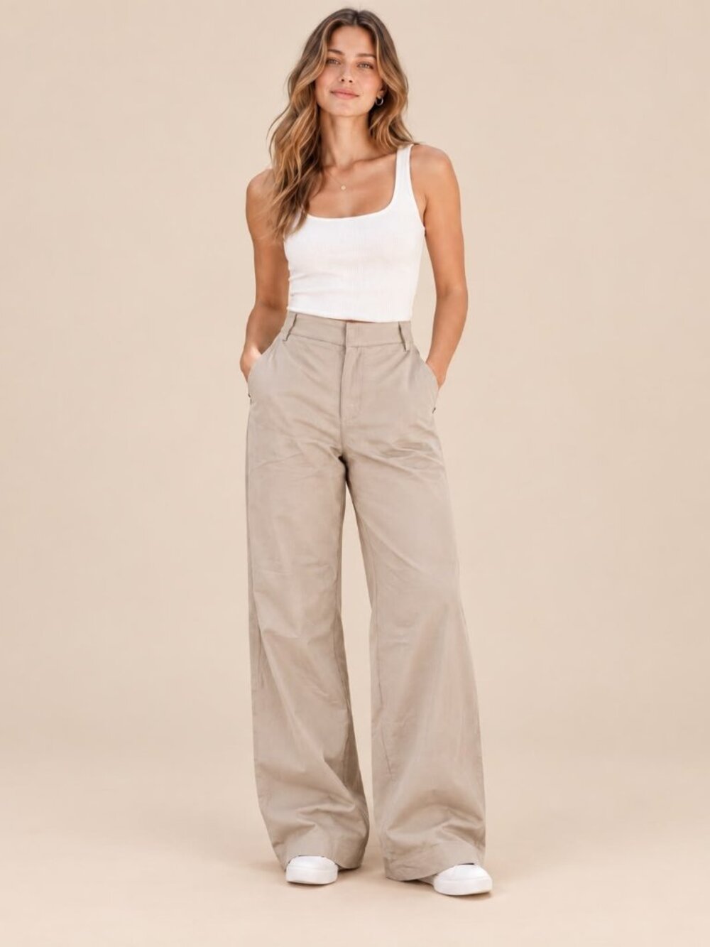 ZARA Womenโs Beige High Rise Wide Leg Pants Trousers Size Small S 26